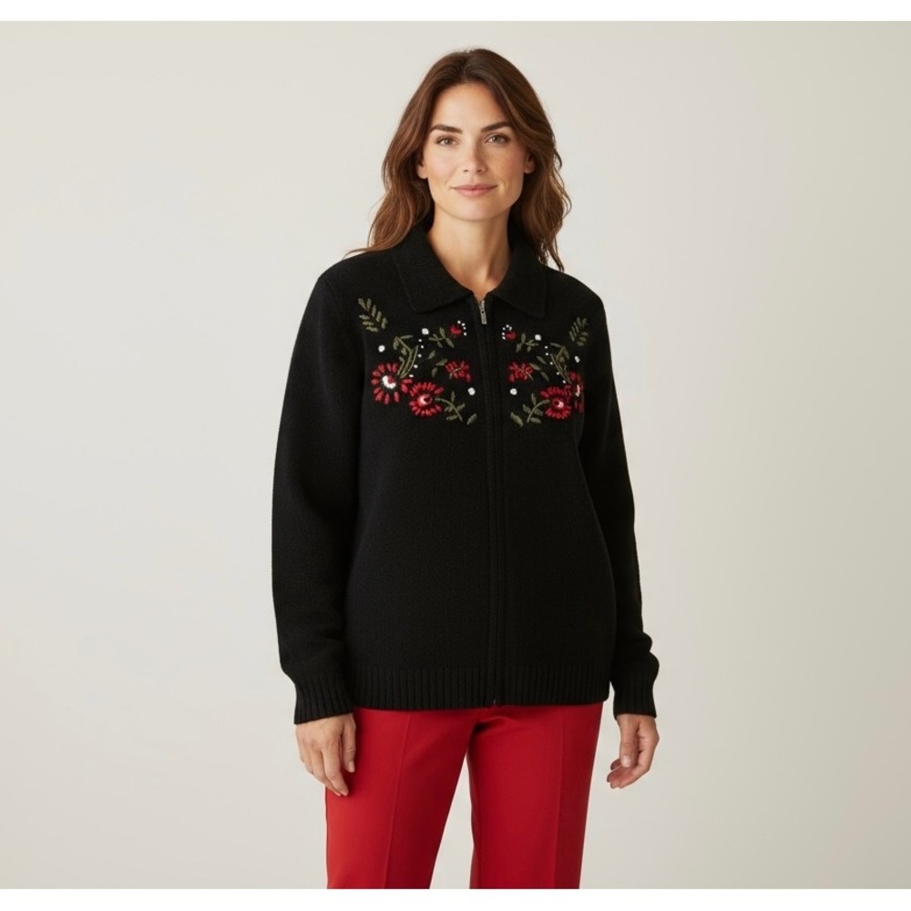 Vintage Alia Black XL Embroidered Floral Zip Up Collared Cardigan Sweater